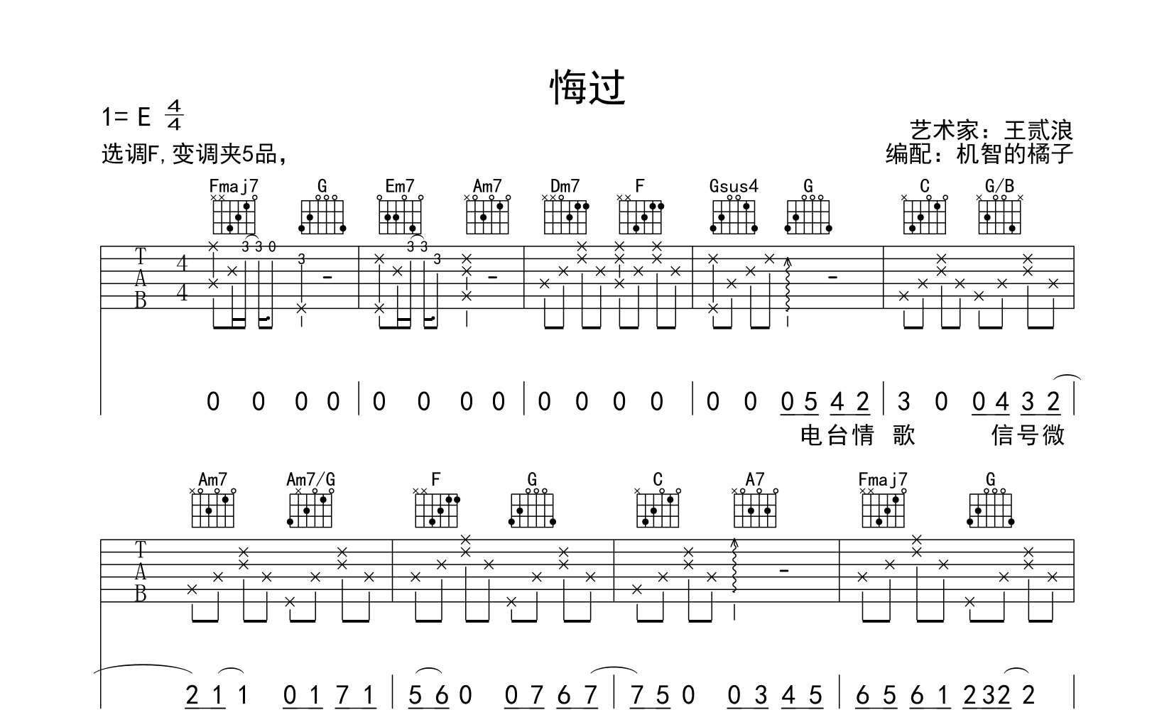 悔过吉他谱王贰浪c调高清版吉他弹唱谱