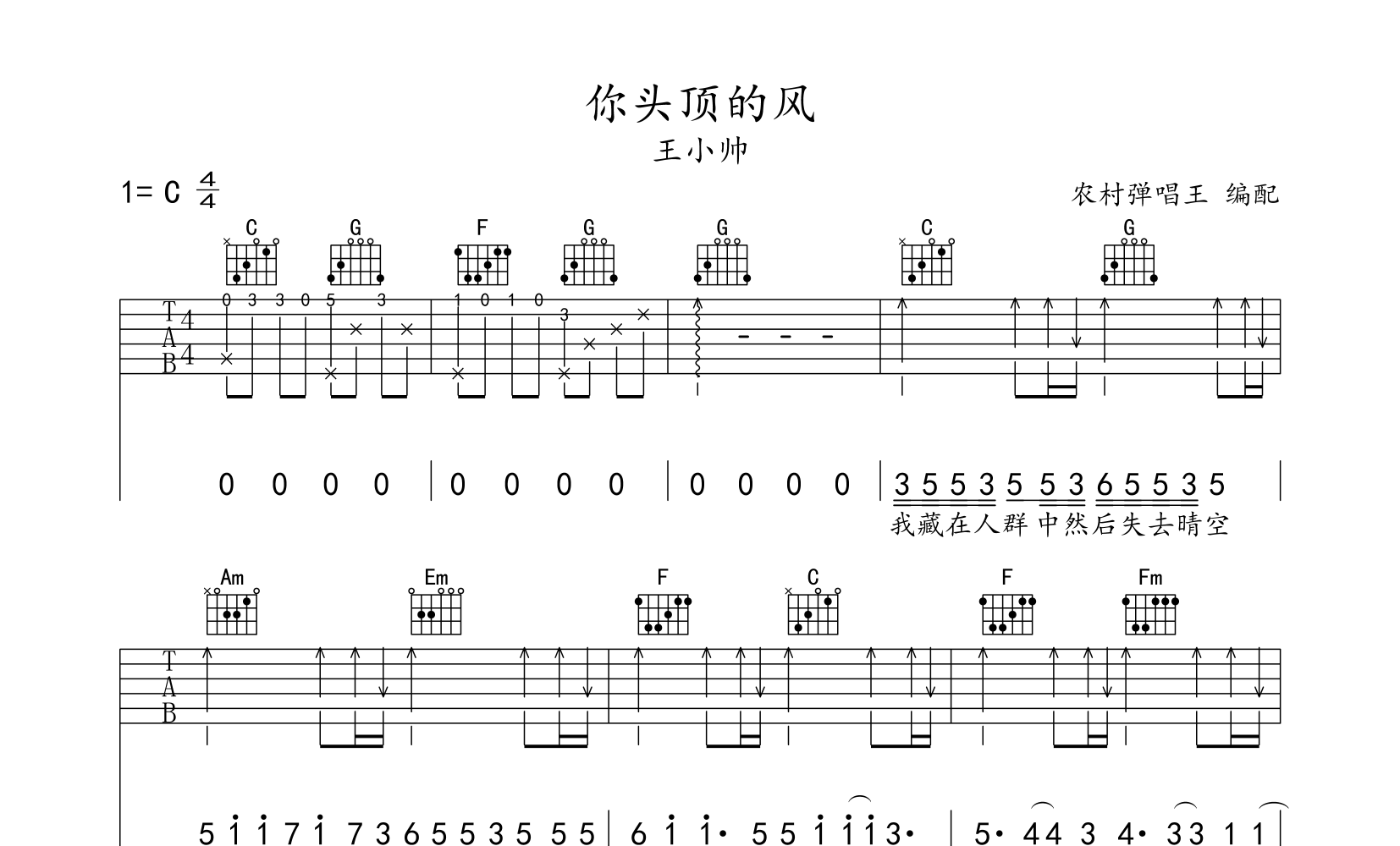 你头顶的风吉他谱_王小帅_c调版吉他弹唱谱