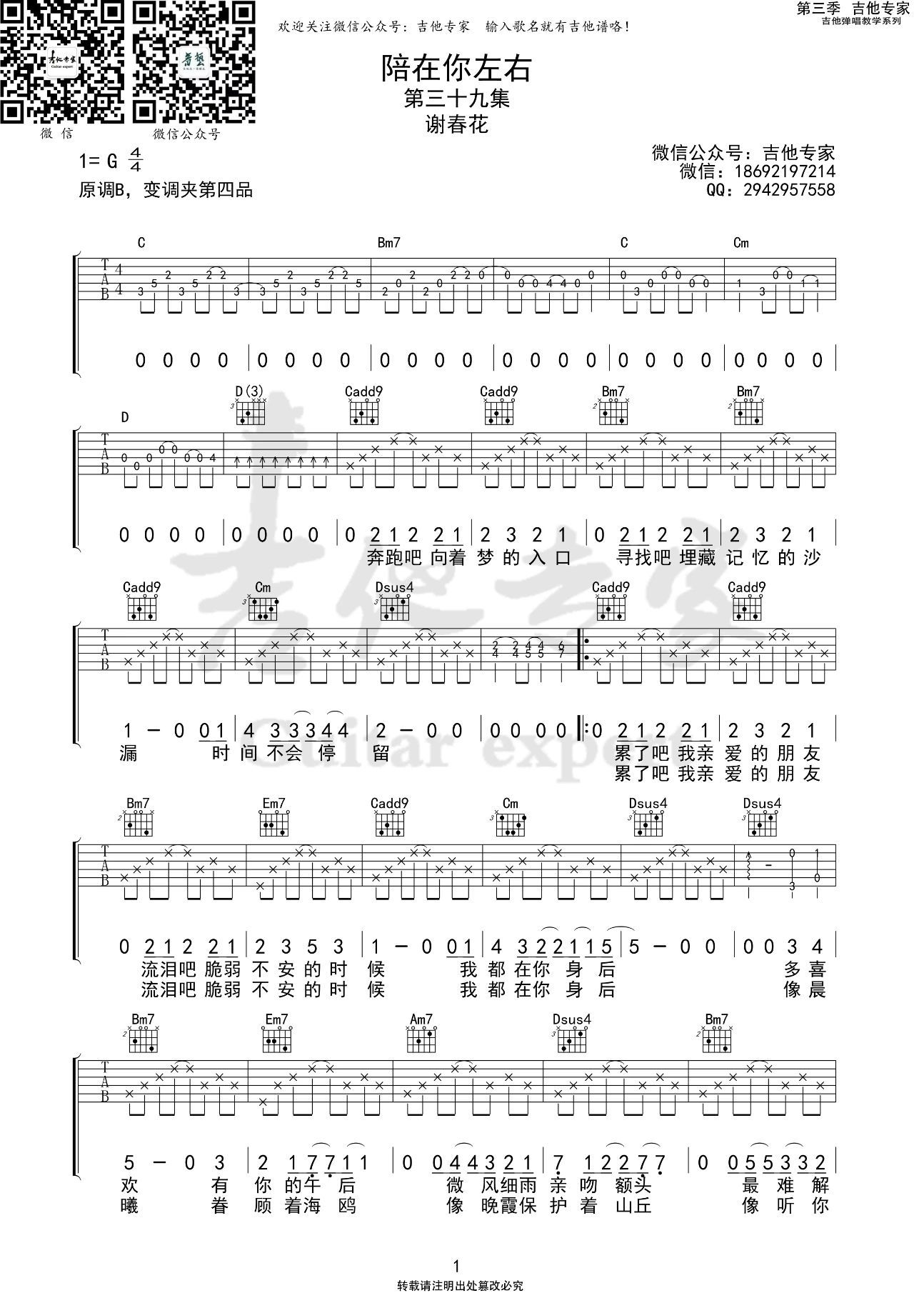 陪在你左右吉他谱谢春花g调版吉他弹唱谱