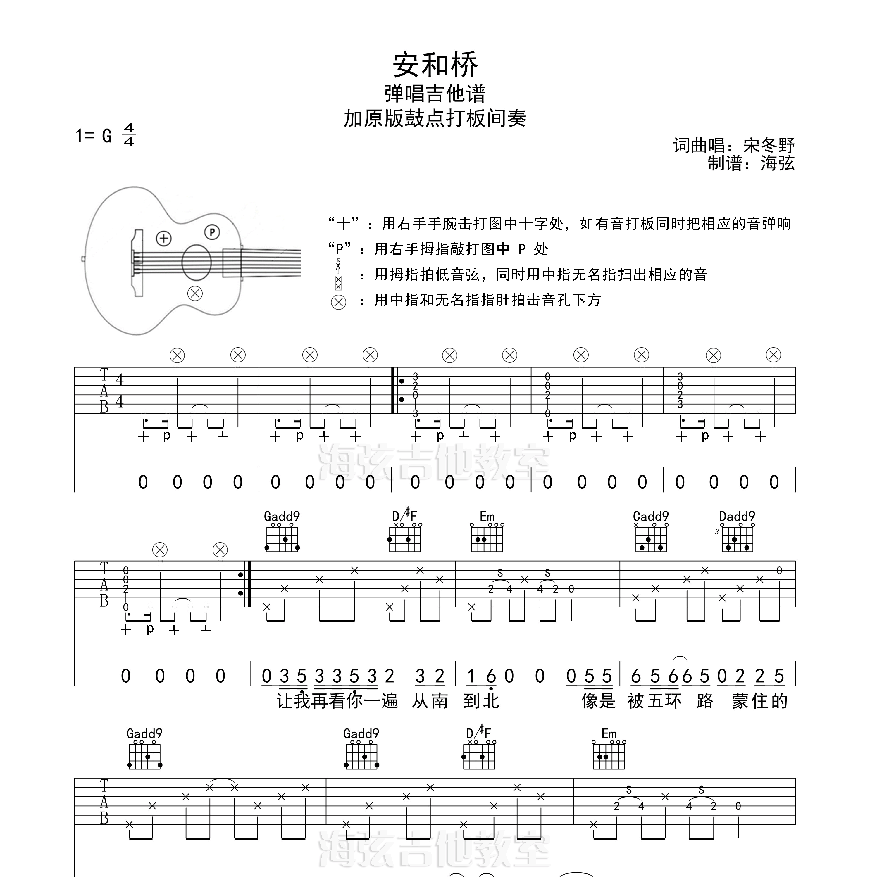 安和桥吉他谱_带打板间奏伴奏吉他谱_g调和弦指法六线