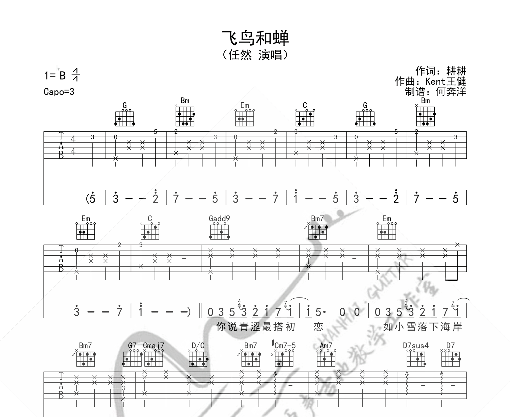 任然飞鸟和蝉吉他谱g调弹唱吉他谱