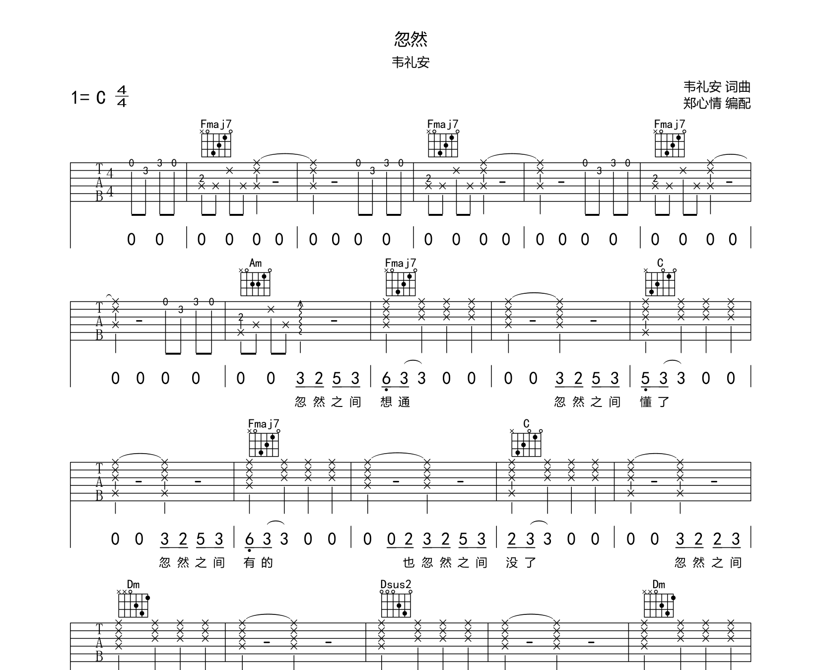 吉他谱,根据2021中国好声音现场版编配,c调和弦指法,曲谱简单容易上手