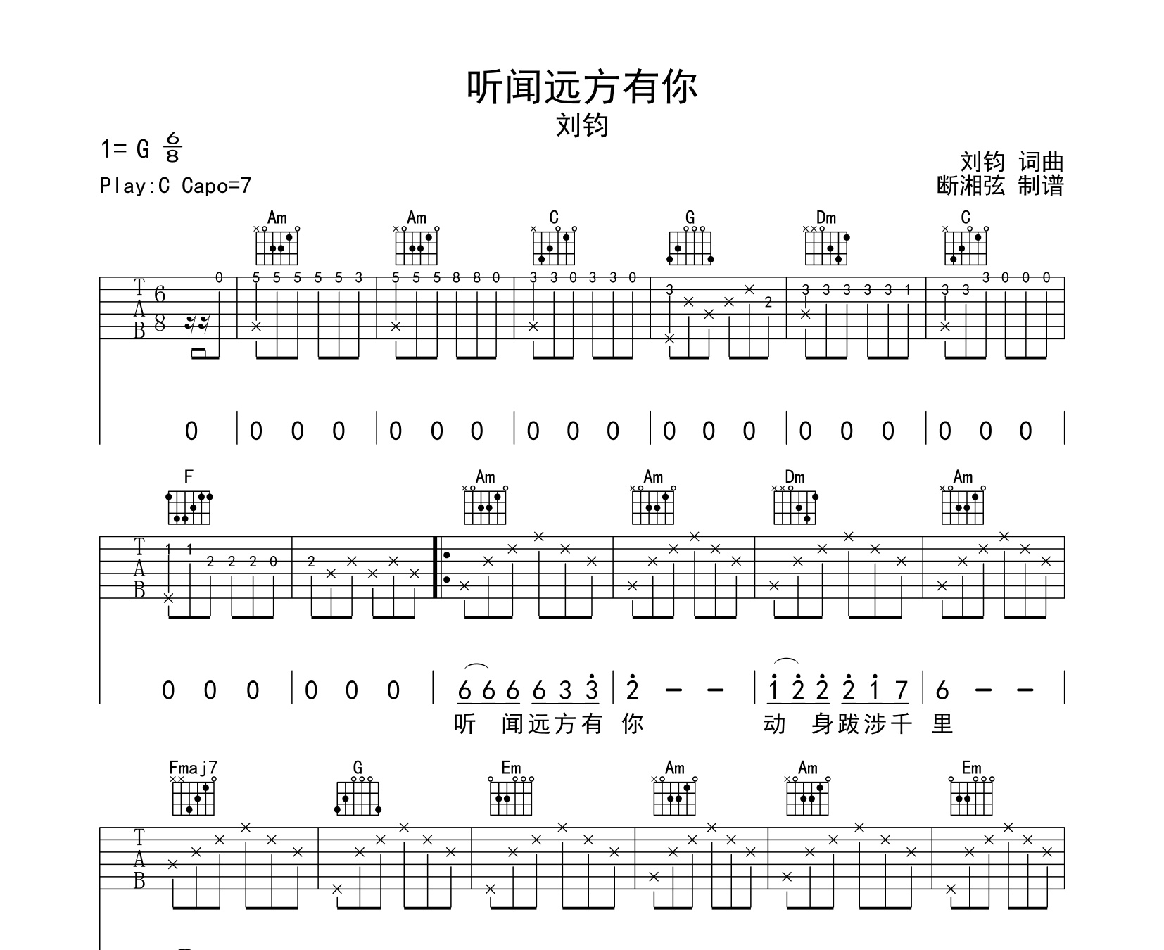 听闻远方有你吉他谱刘钧c调指法吉他六线谱