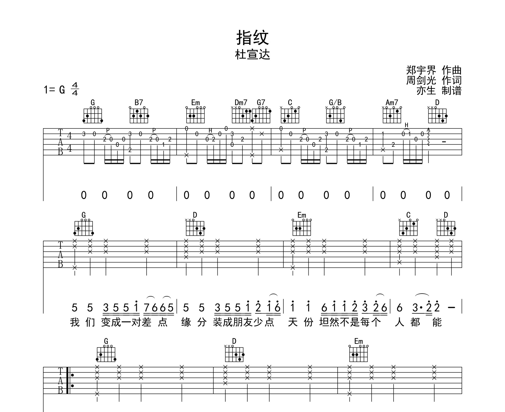 指纹吉他谱杜宣达g调吉他弹唱谱