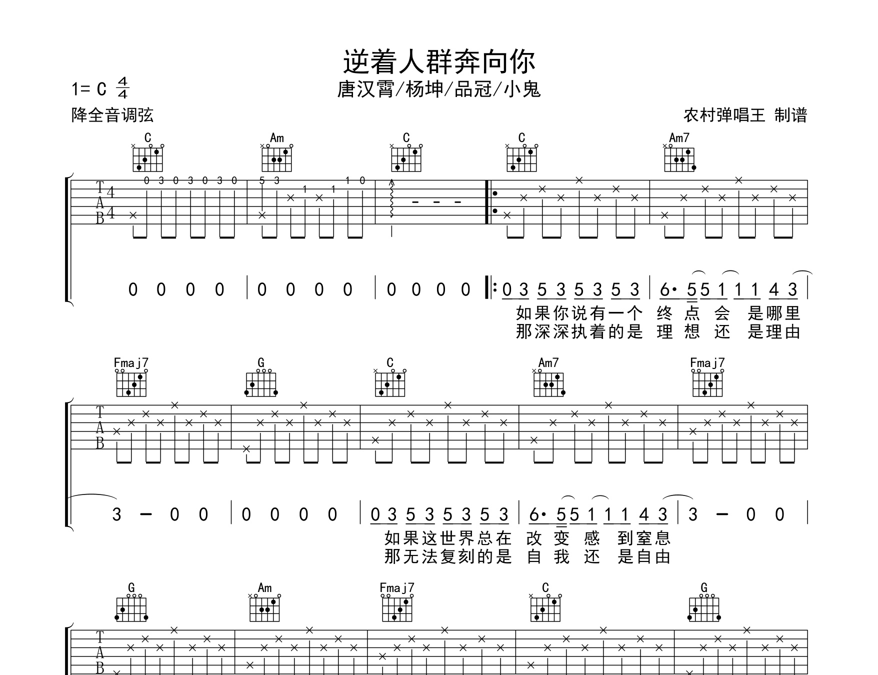 逆着人群奔向你吉他谱c调吉他谱男女通用版闪光的乐队