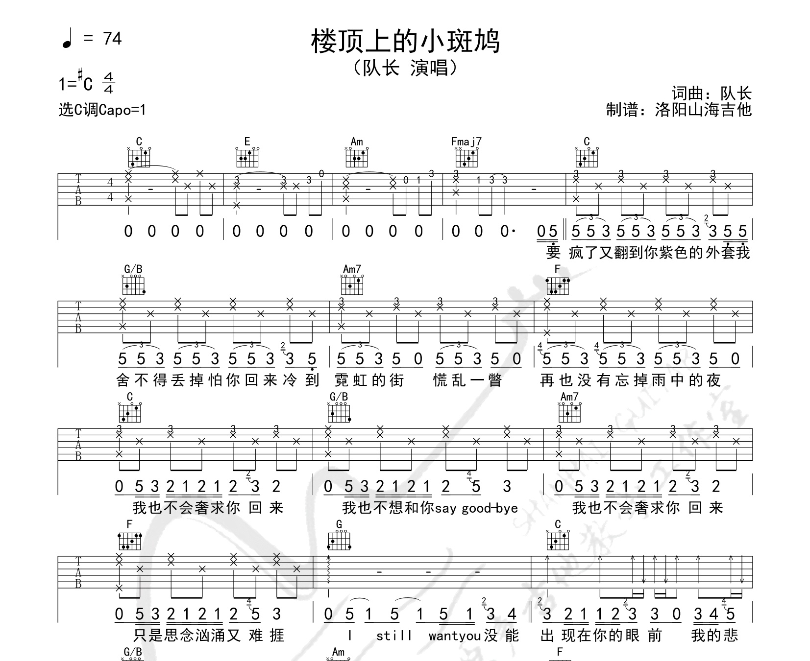 楼顶上的小斑鸠吉他谱队长c调版弹唱六线谱