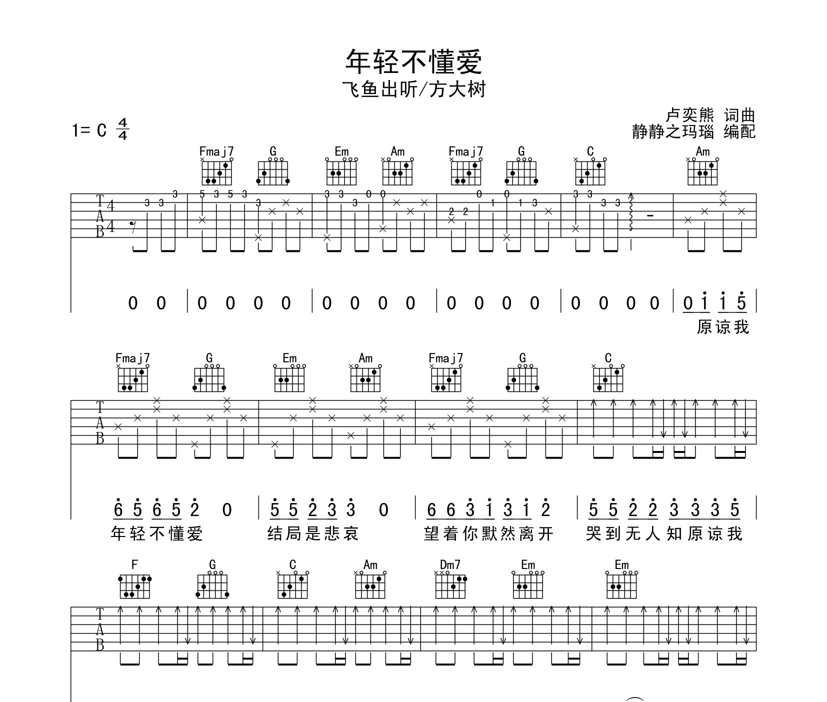 年轻不懂爱吉他谱飞鱼出听方大树c调吉他谱