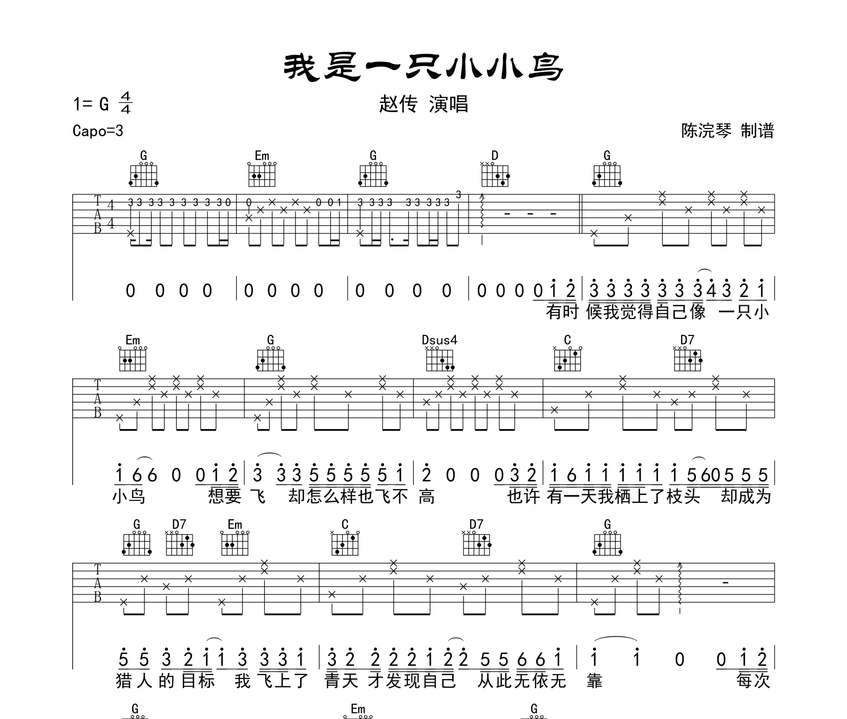 我是一只小小鸟吉他谱赵传g调指法吉他谱