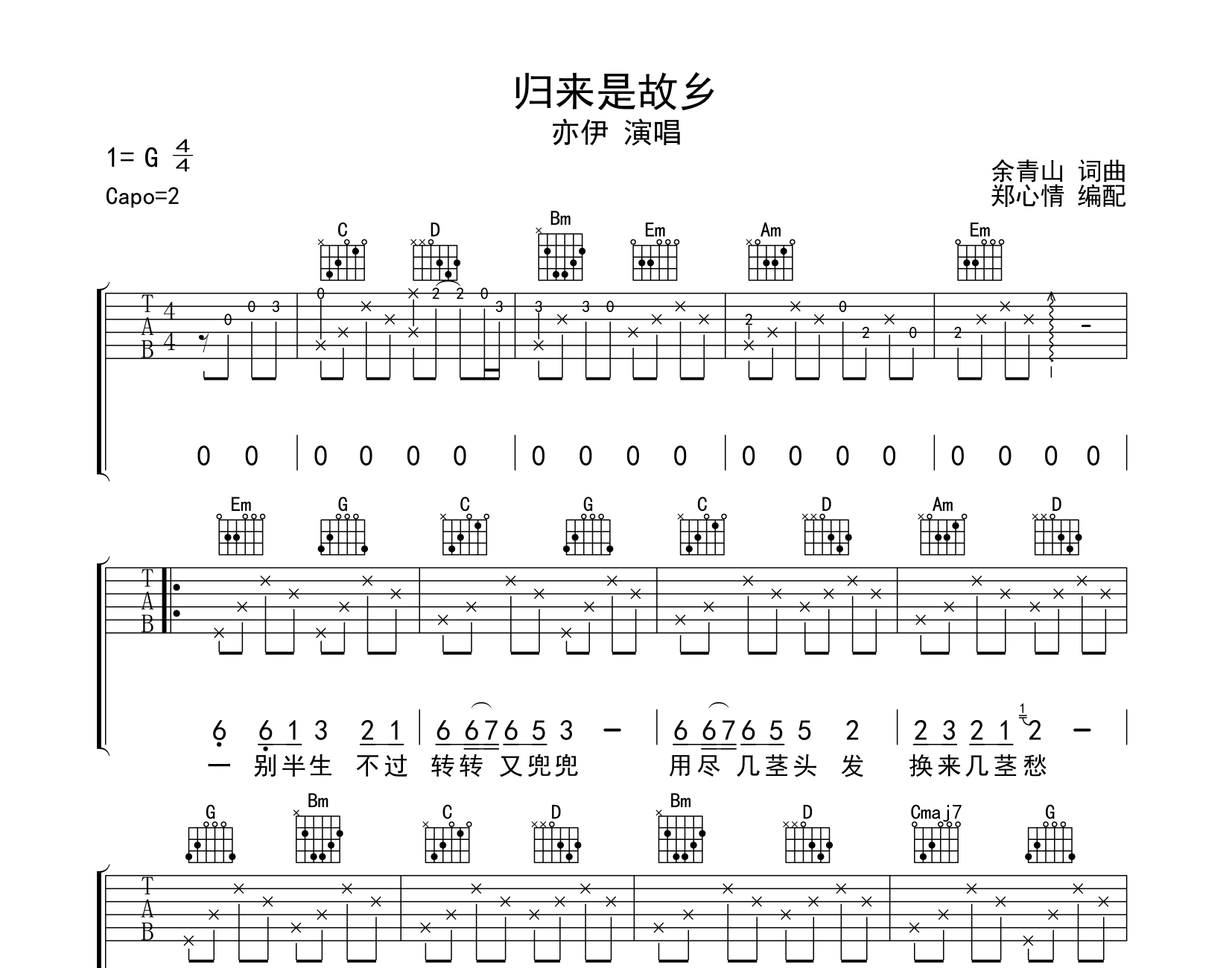 归来是故乡吉他谱预览图