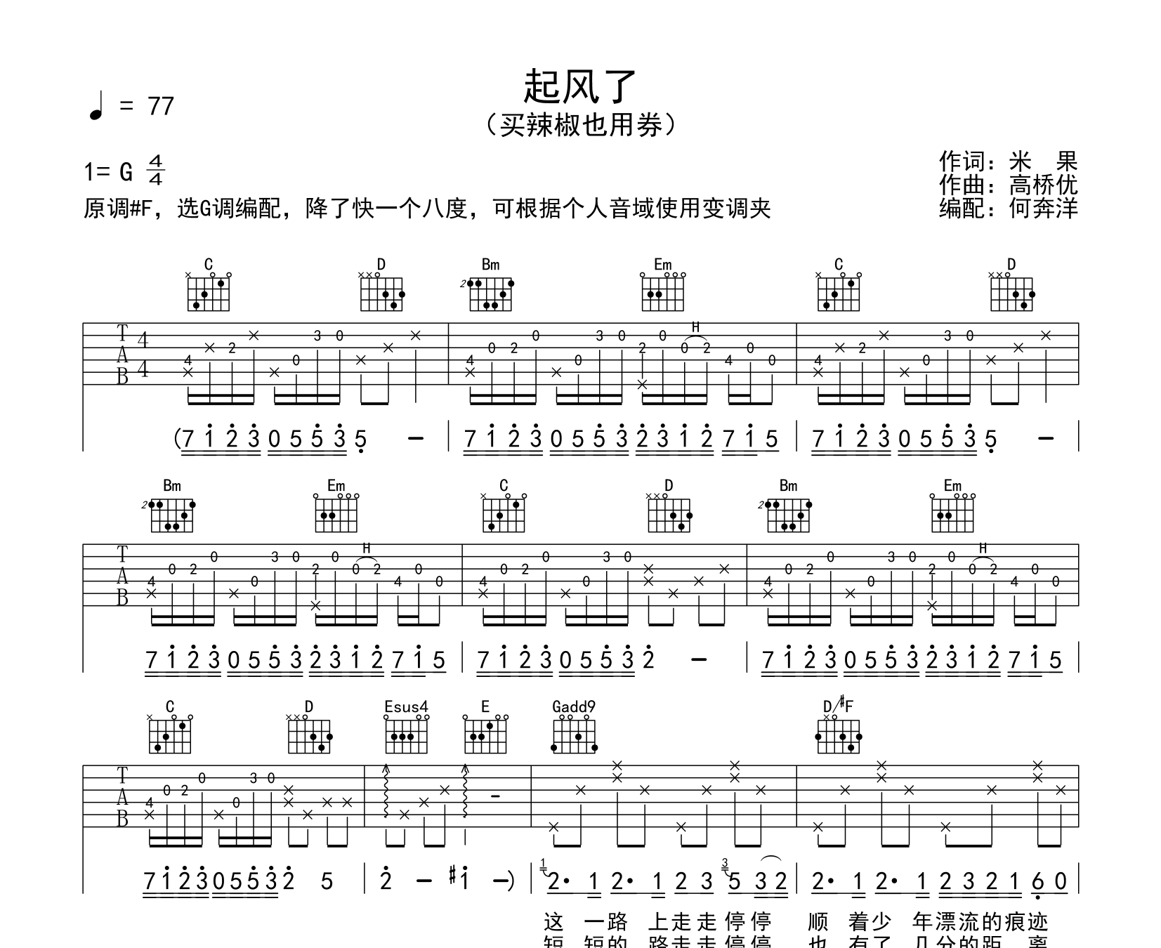 起风了吉他谱预览图