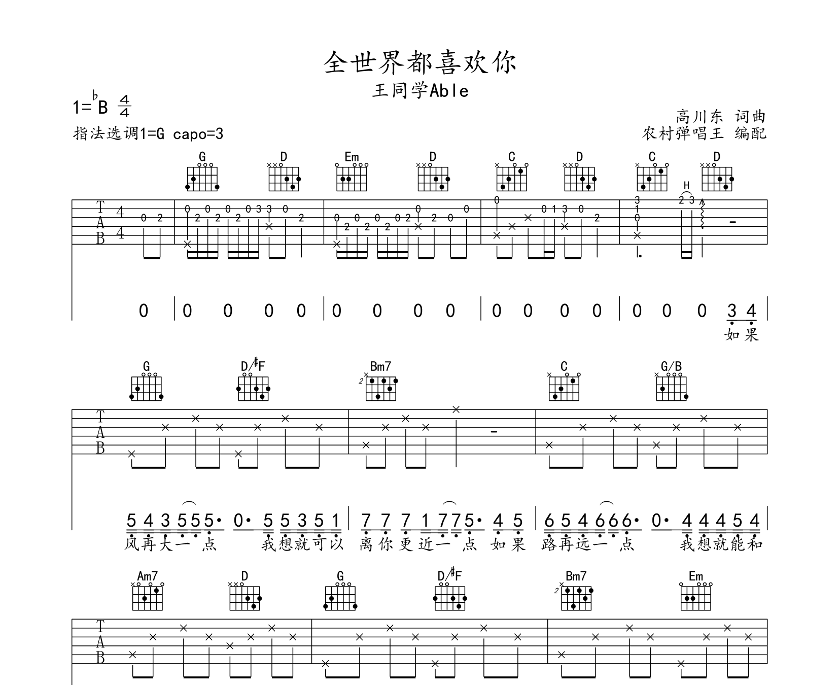 全世界都喜欢你吉他谱预览图