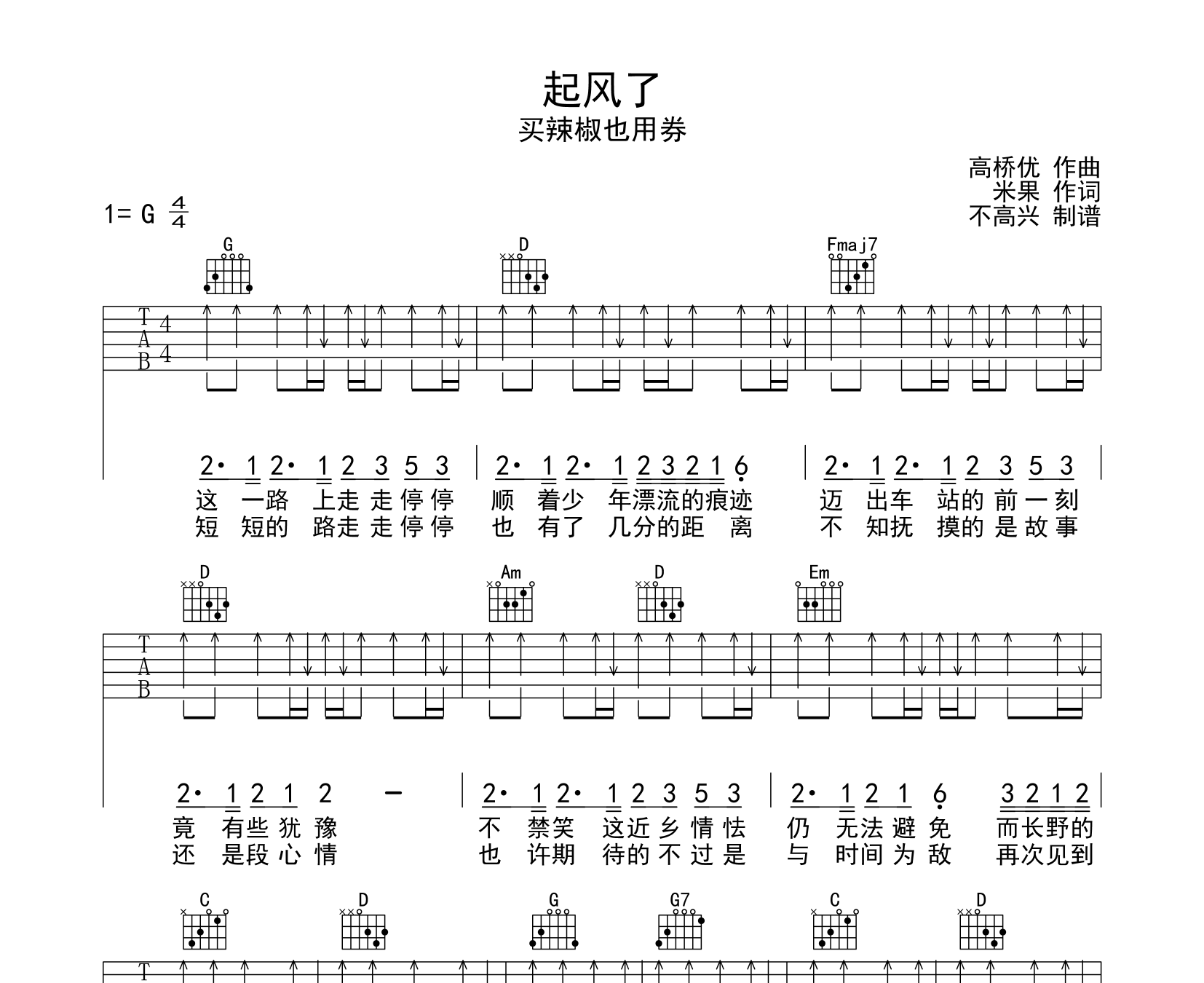 起风了吉他谱预览图