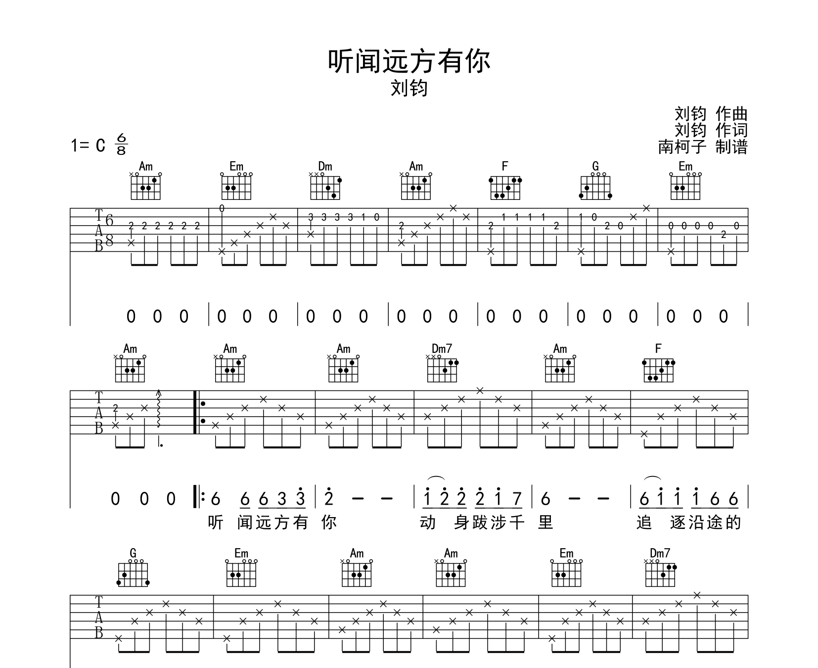 听闻远方有你吉他谱预览图