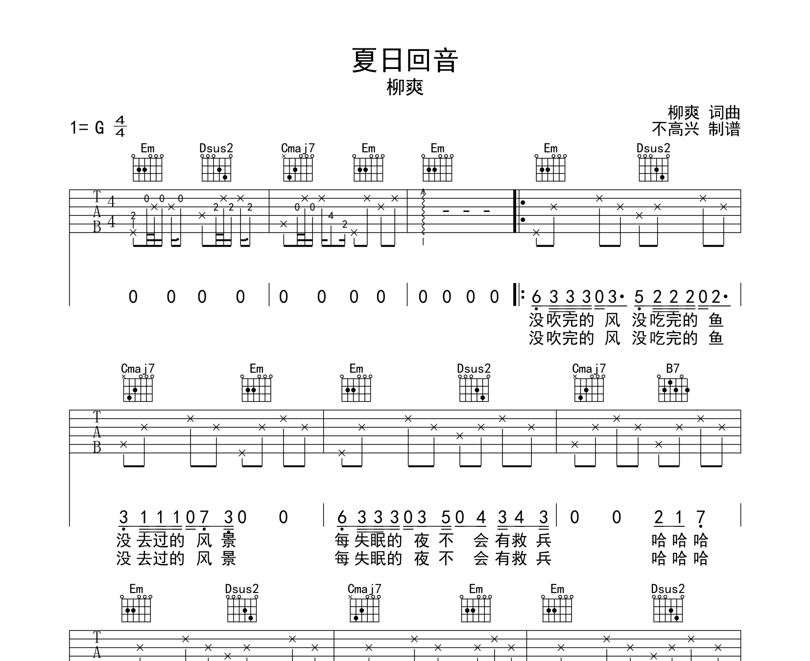 夏日回音吉他谱预览图