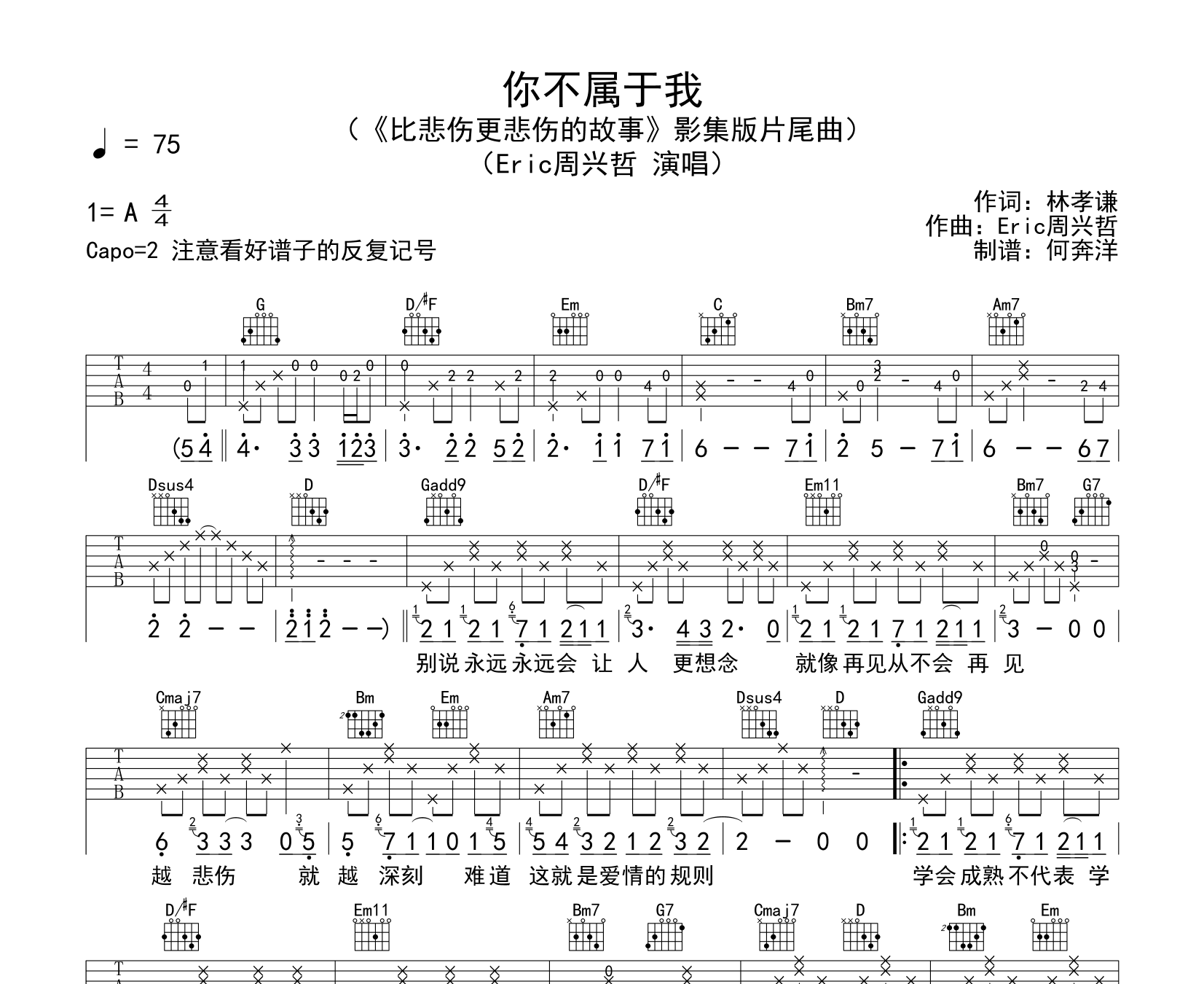 你不属于我吉他谱预览图