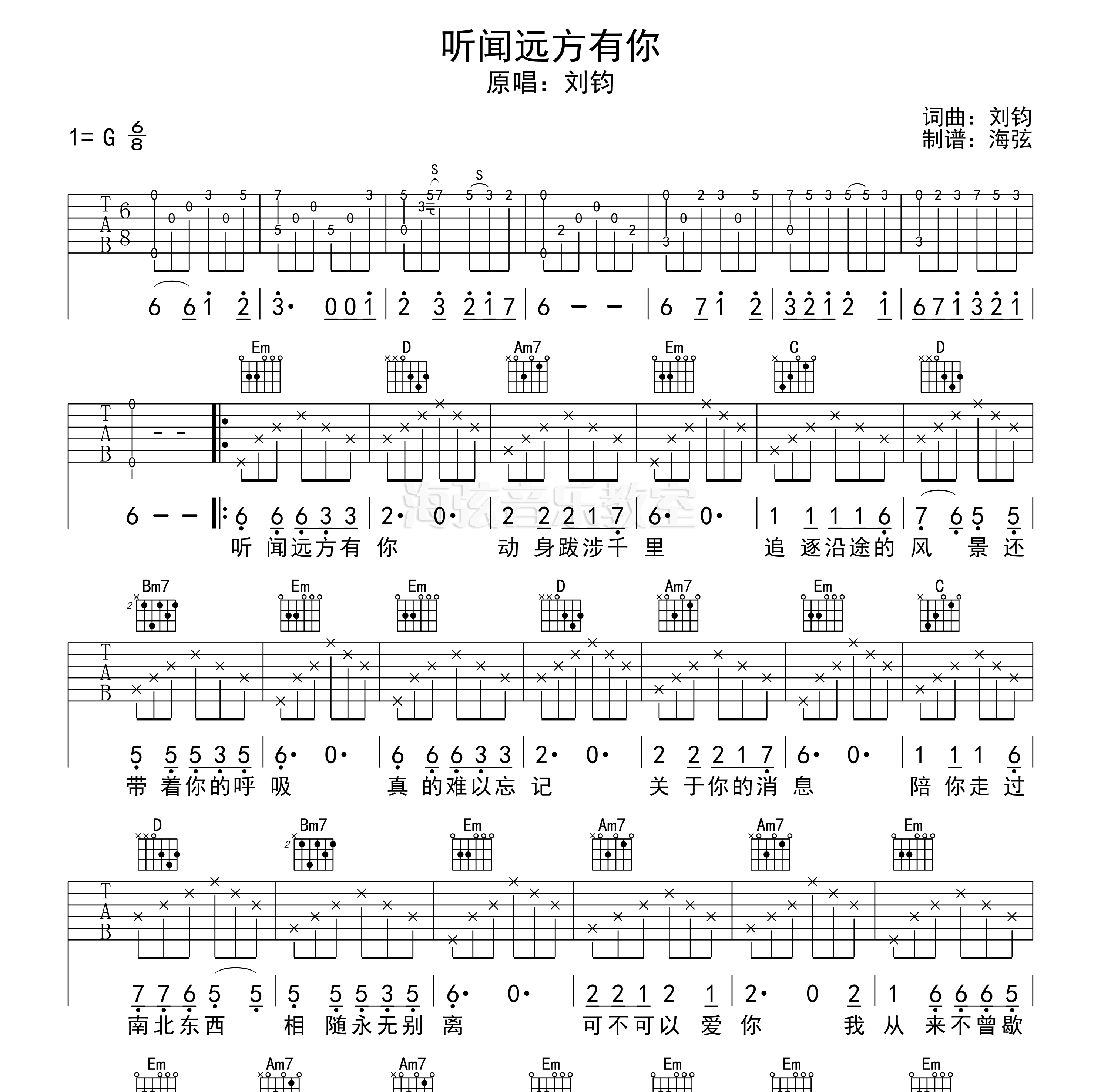 听闻远方有你吉他谱预览图