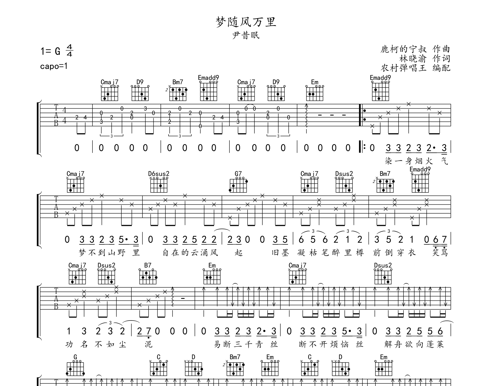 梦随风万里吉他谱预览图