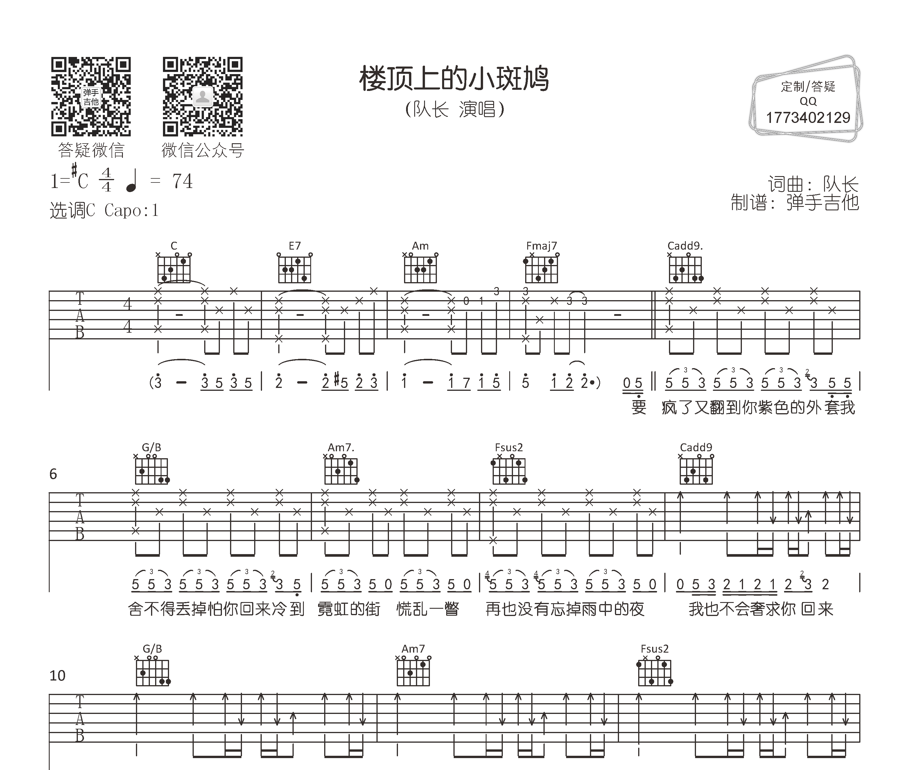 楼顶上的小斑鸠吉他谱预览图