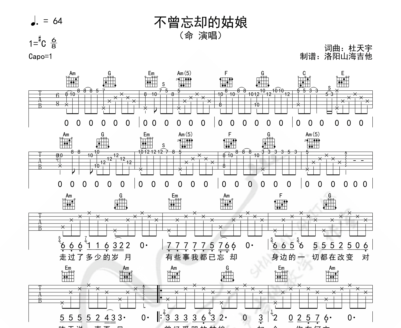 不曾忘却的姑娘吉他谱预览图