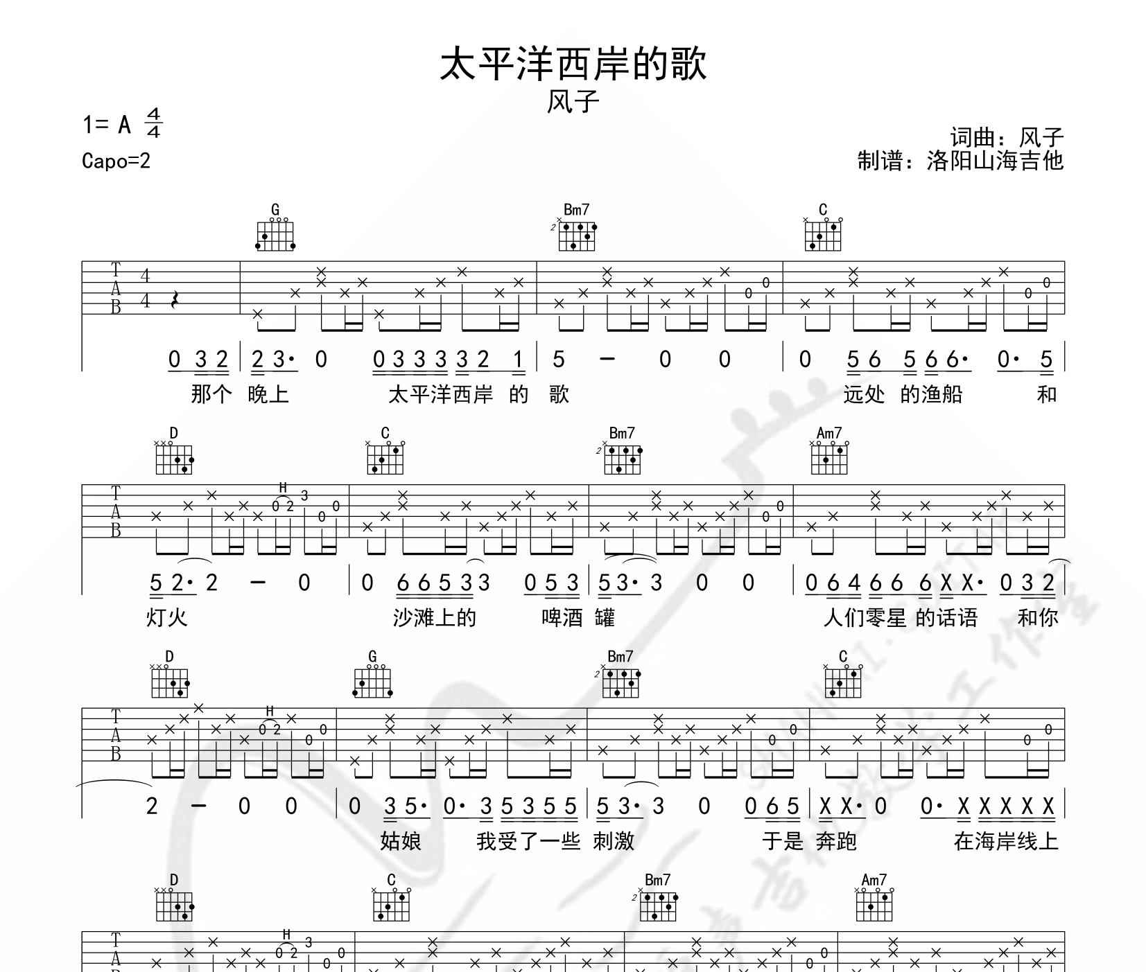 太平洋西岸的歌吉他谱预览图