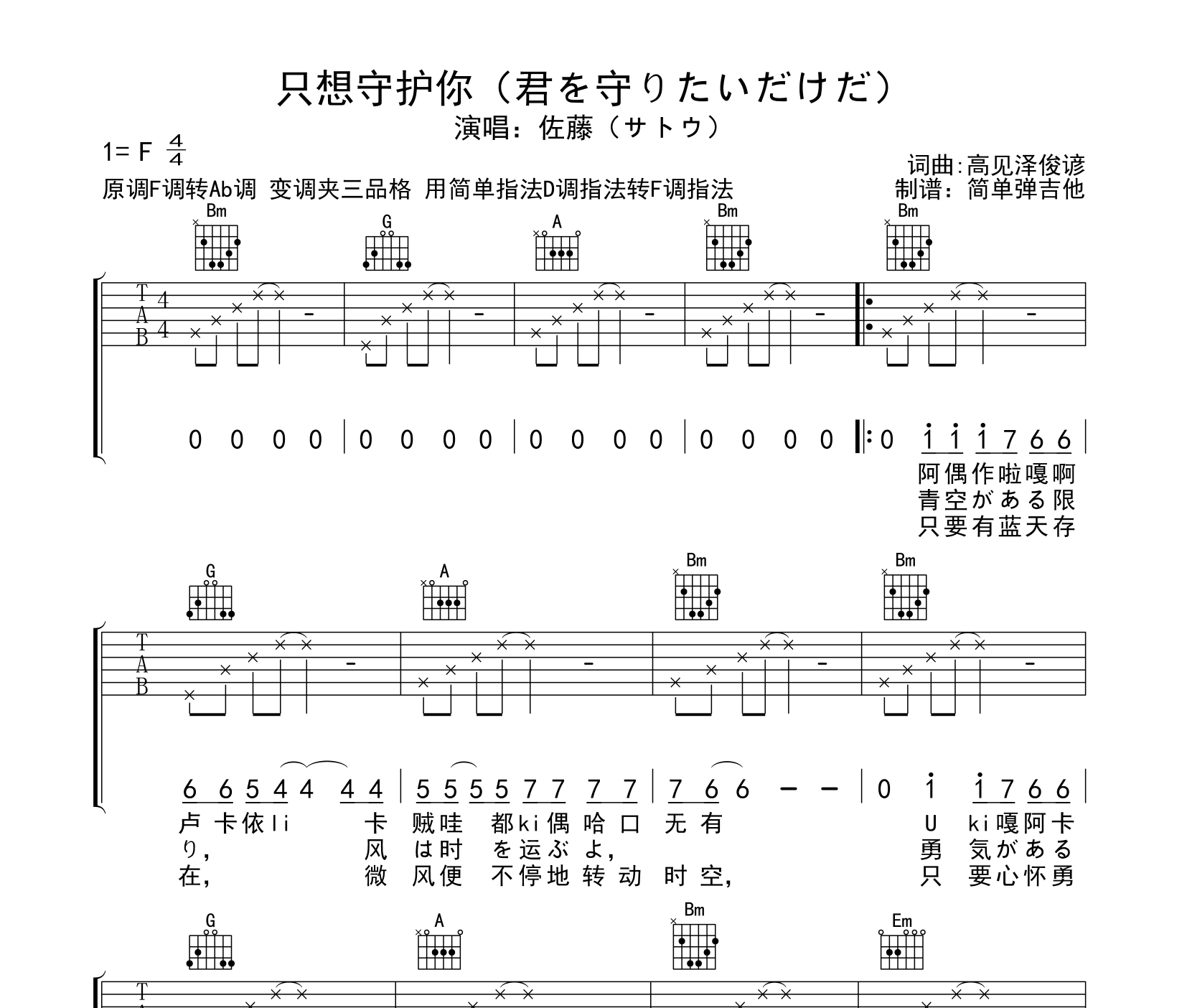 只想守护你吉他谱预览图