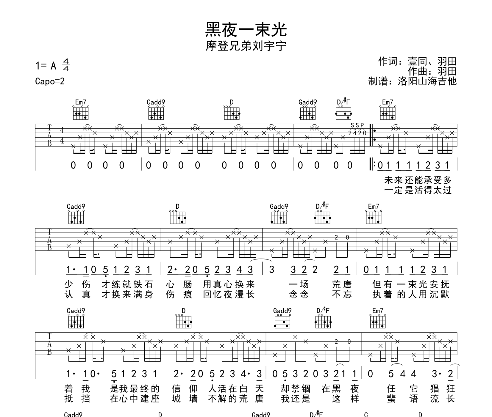 黑夜一束光吉他谱预览图