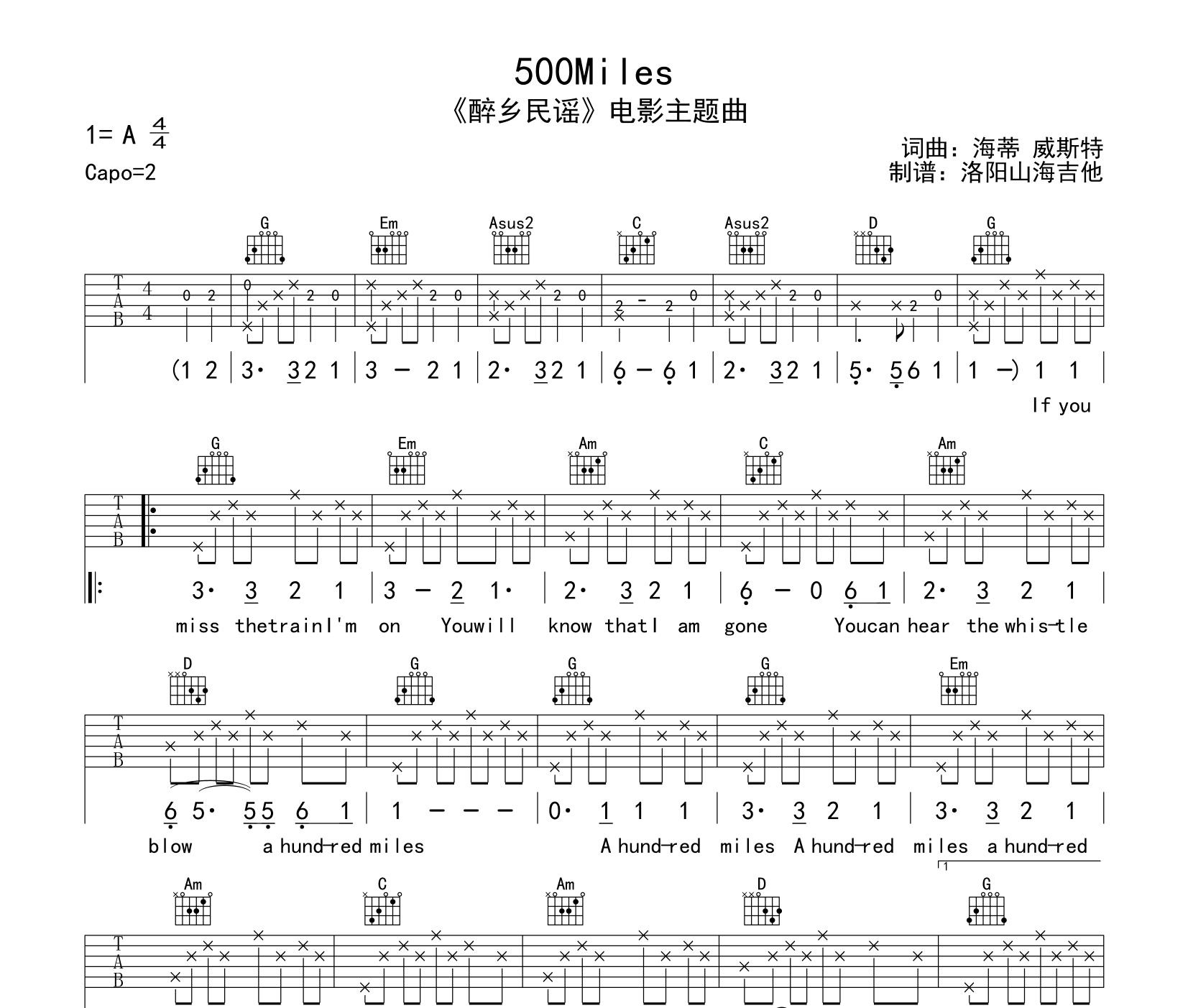 500Miles吉他谱预览图