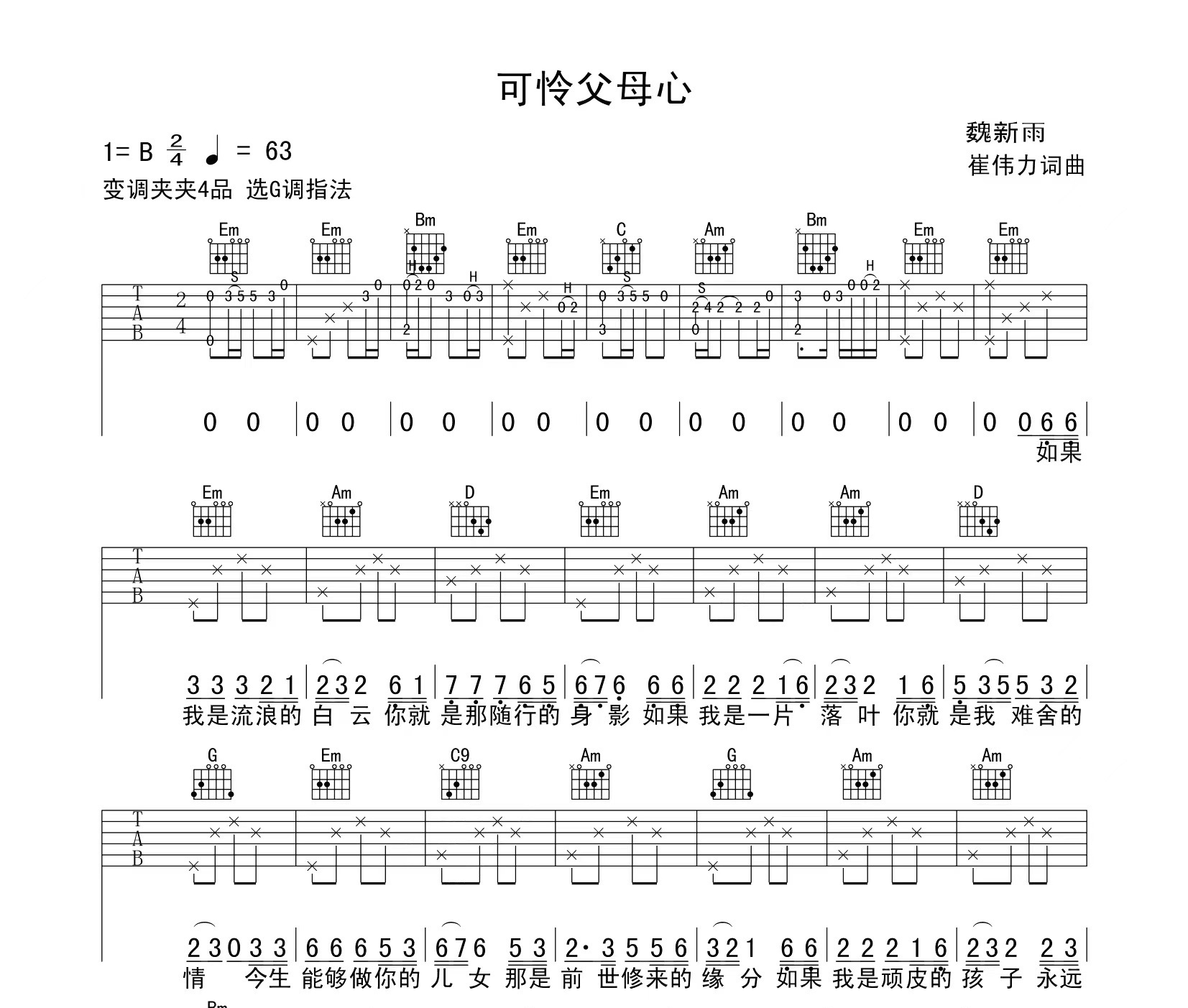 可怜天下父母心吉他谱预览图