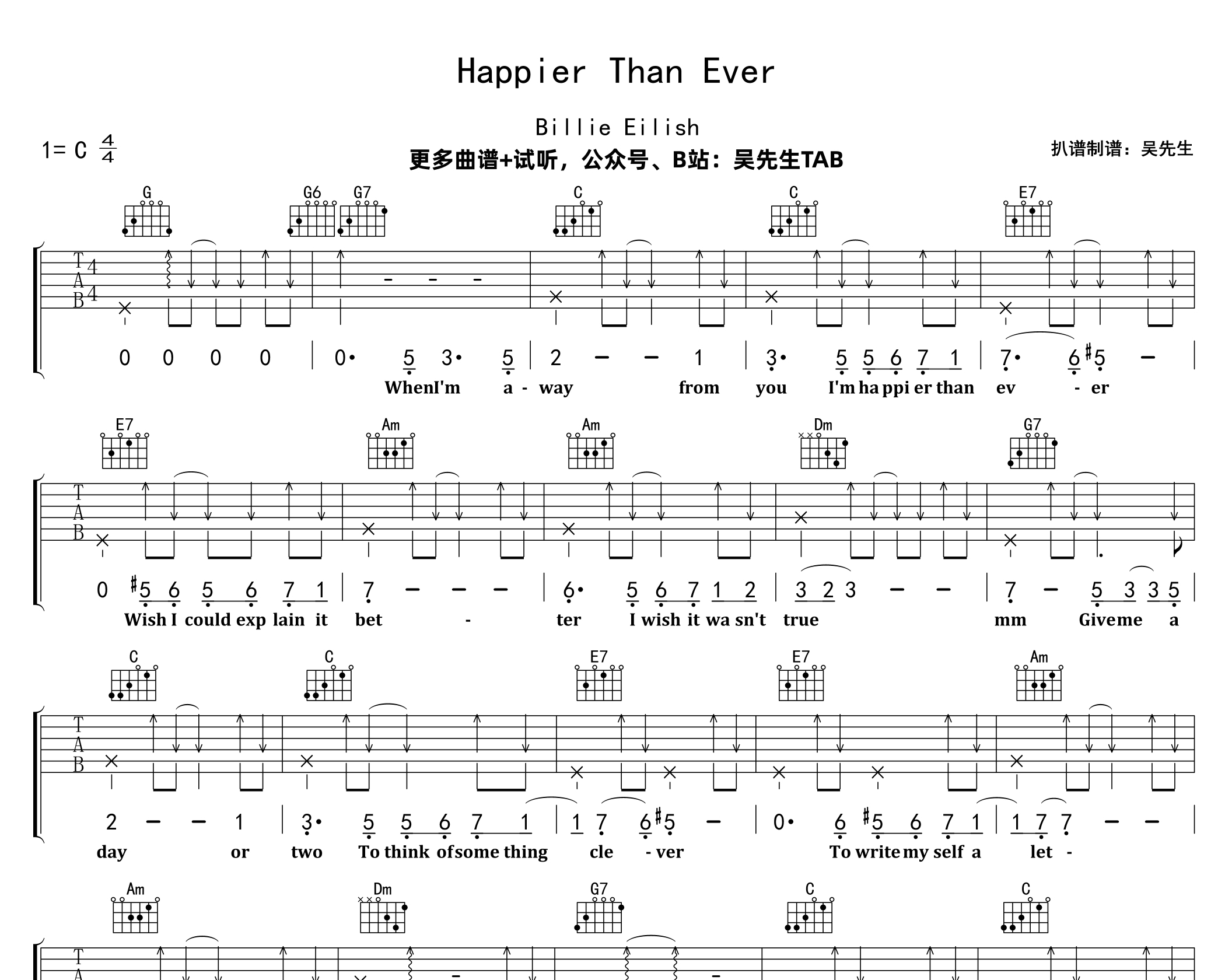 Happier Than Ever吉他谱预览图