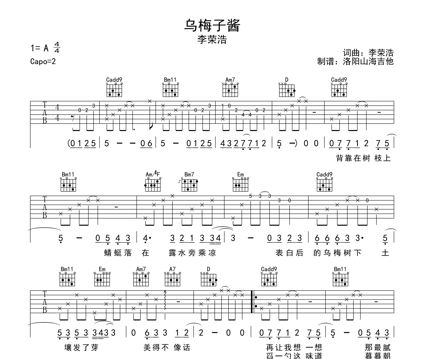 乌梅子酱吉他谱预览图