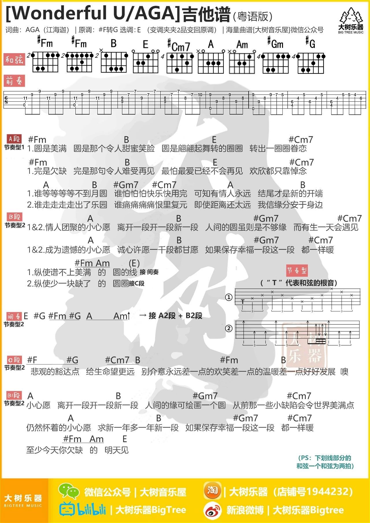 wonderfulu吉他譜aga江海迦吉他和絃譜e調版