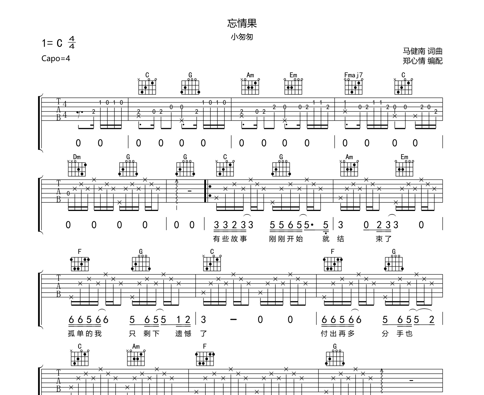 忘情果吉他谱小匆匆c调标准版吉他谱
