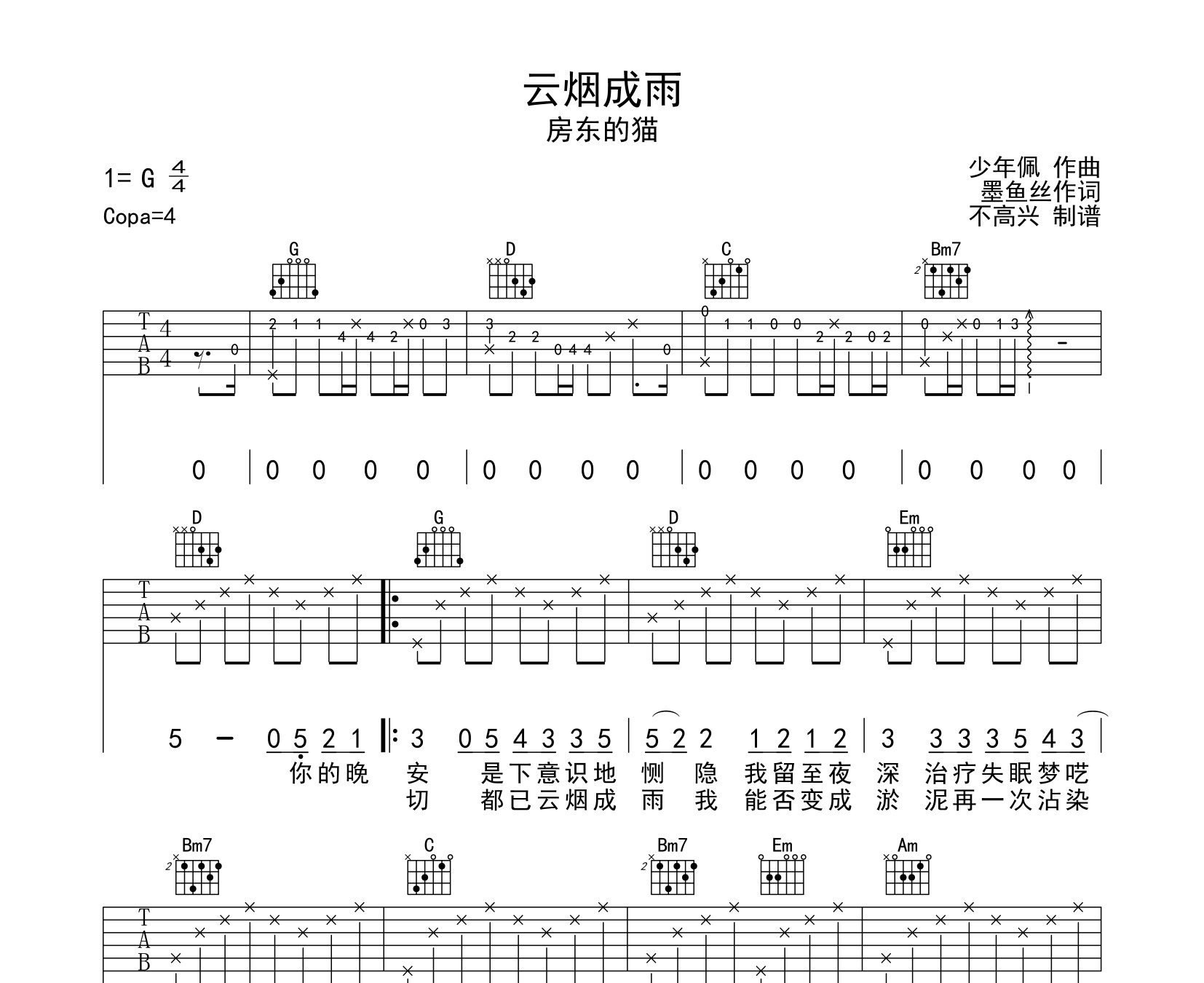 雲煙成雨吉他譜房東的貓g調指法簡單版吉他彈唱譜