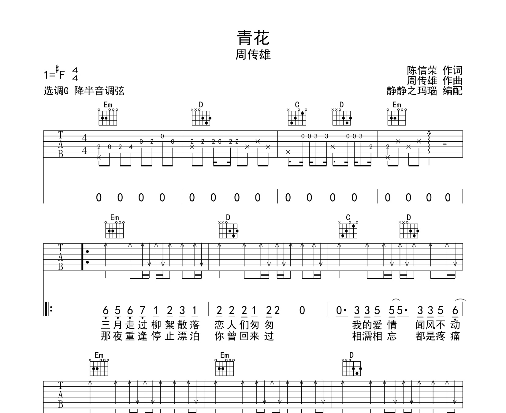 青花吉他譜周傳雄g調指法吉他譜