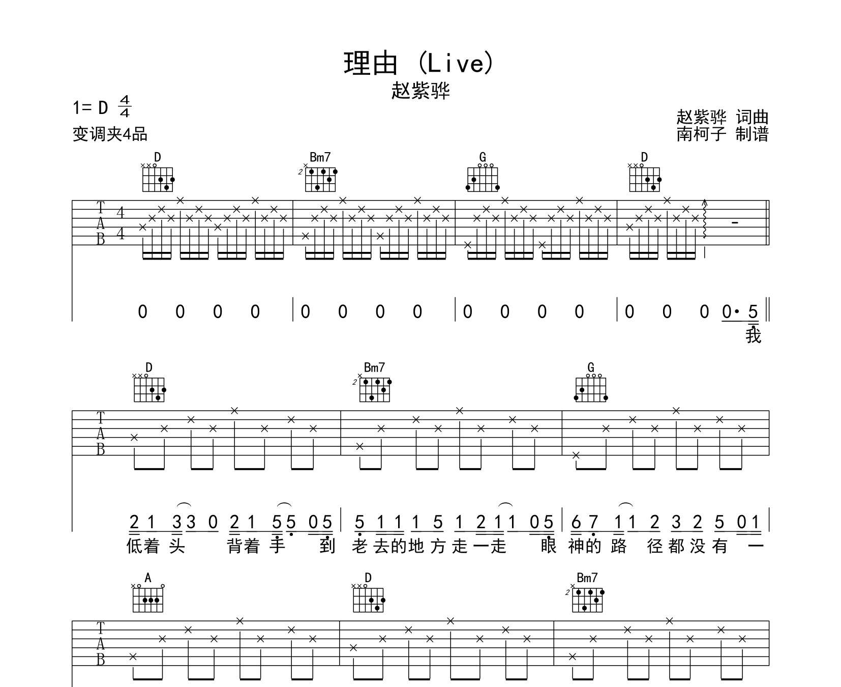 理由吉他谱赵紫骅d调指法版吉他弹唱谱