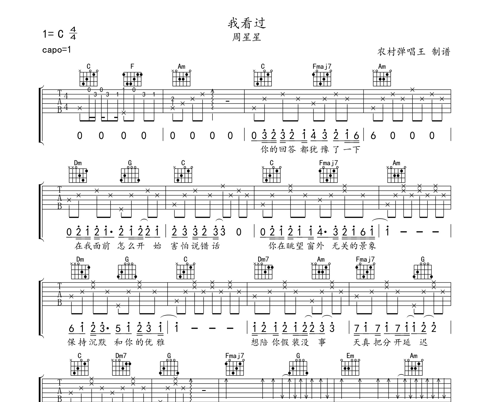 我看过吉他谱zealot周星星c调指法版吉他谱