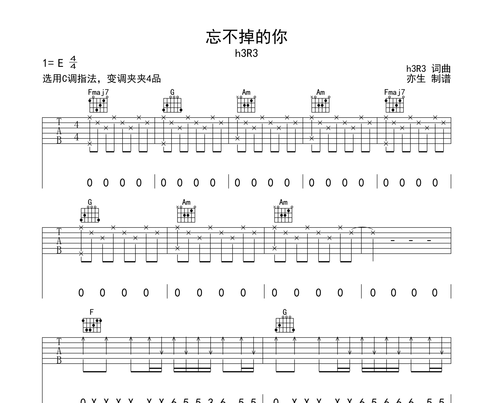 忘不掉的你吉他谱h3r3c调指法弹唱六线谱