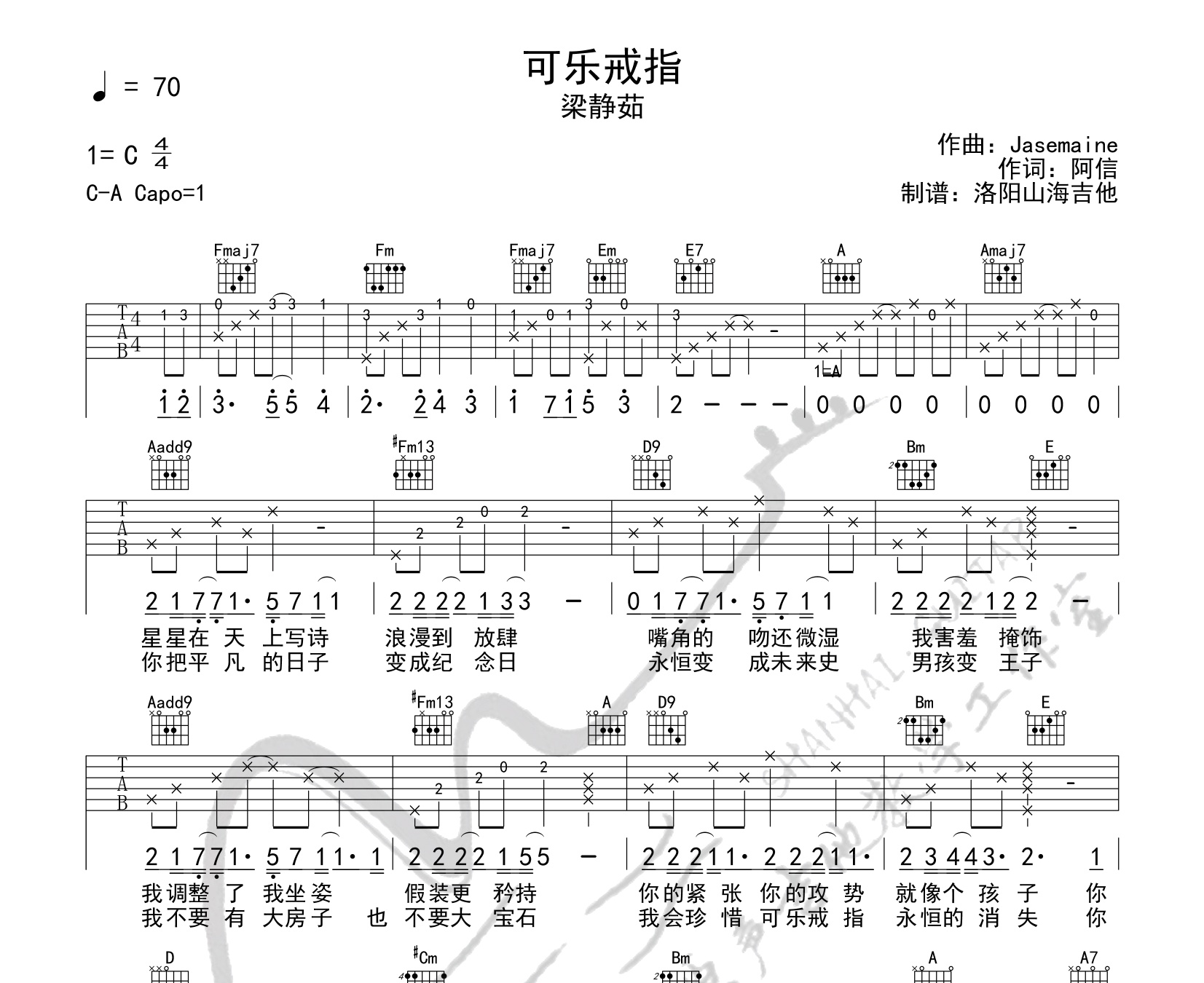 可乐戒指吉他谱梁静茹c调指法版弹唱吉他谱