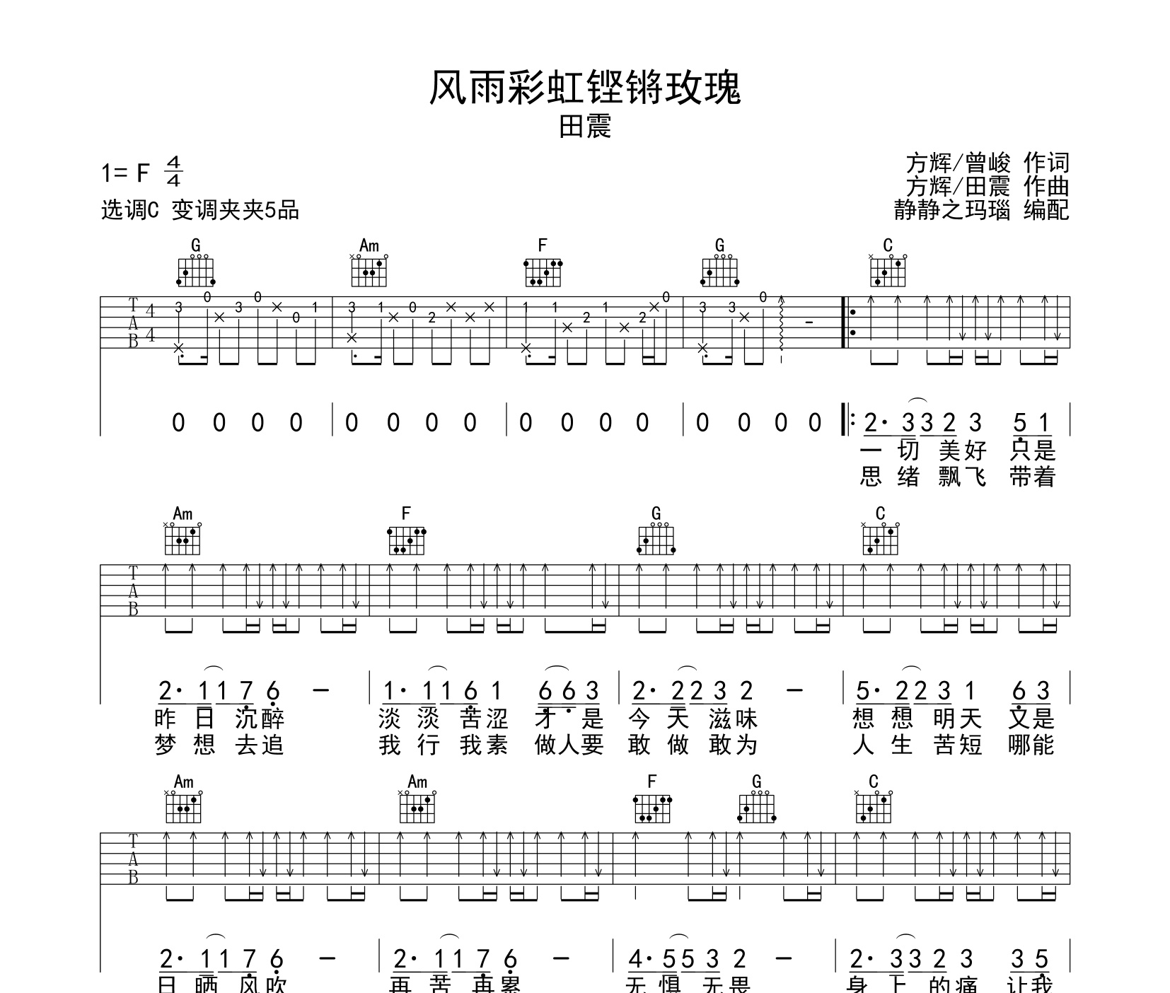 风雨彩虹铿锵玫瑰吉他谱田震c调版吉他谱