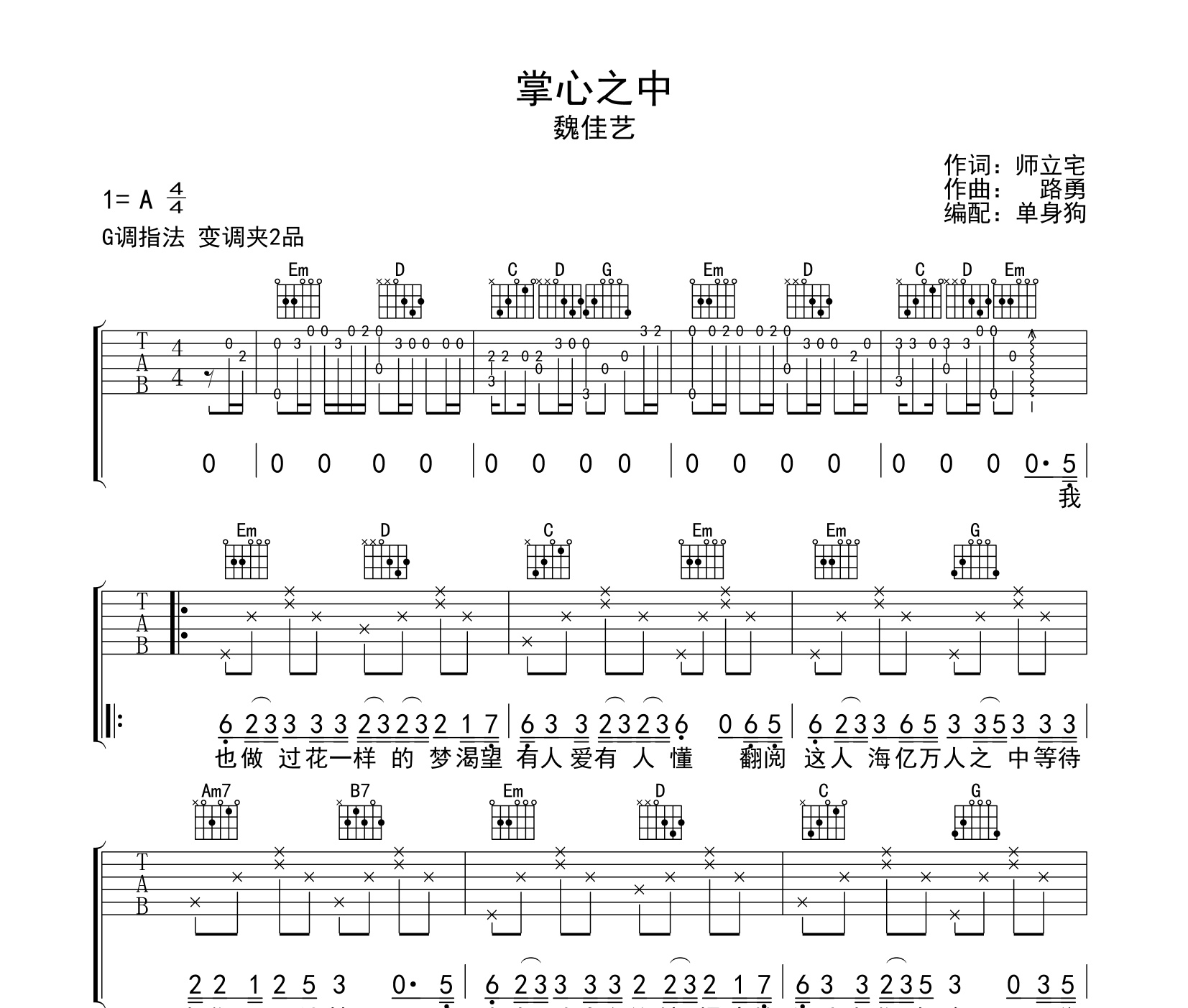 掌心之中吉他谱魏佳艺g调指法吉他弹唱谱